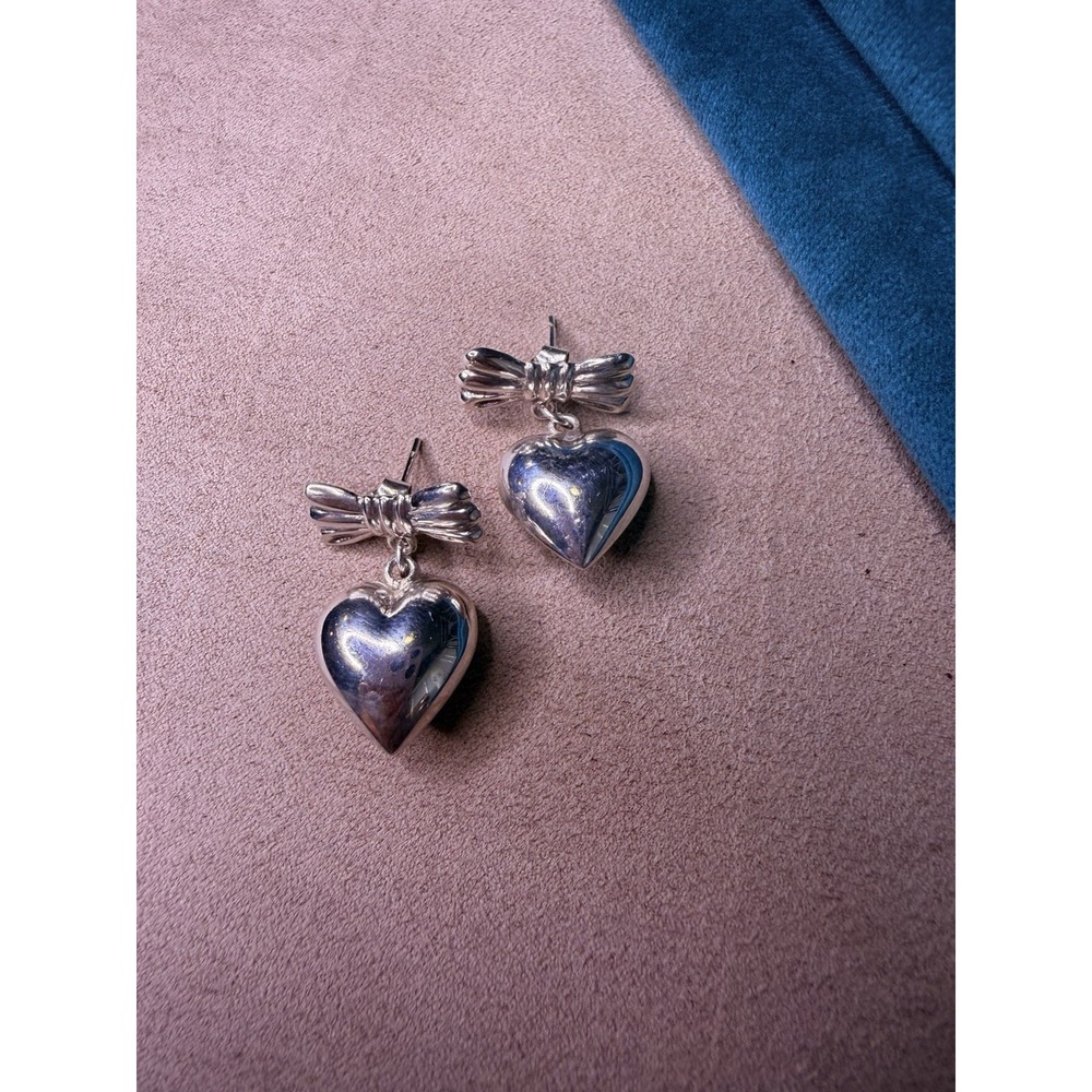 Vintage Sterling Silver 925 Bow Puffy Heart Dangle Earrings